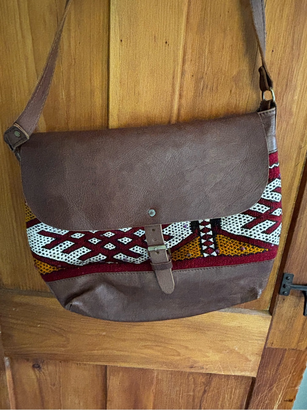 Brown Leather-Style Crossbody Bag with Woven Red & Mustard Accent